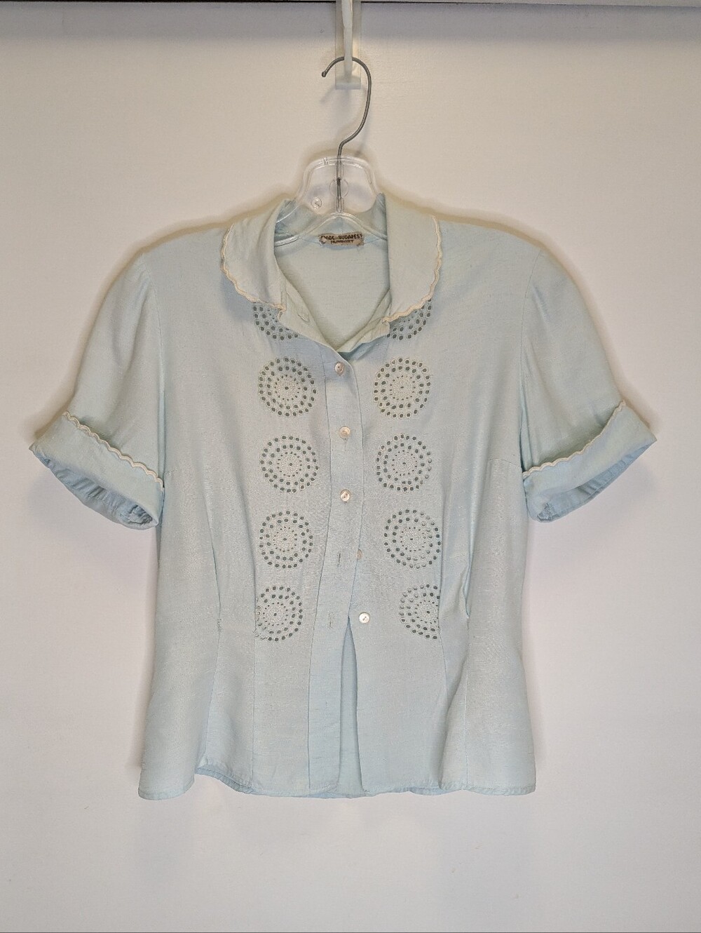 Vintage Light Blue Blouse w Eyelet Embroidery Details